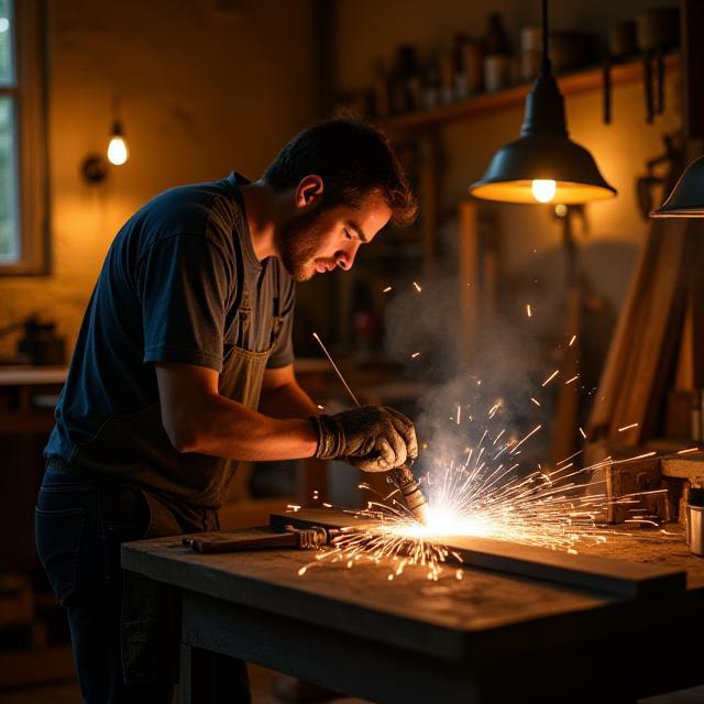 Artisan soudant un luminaire dans l’atelier